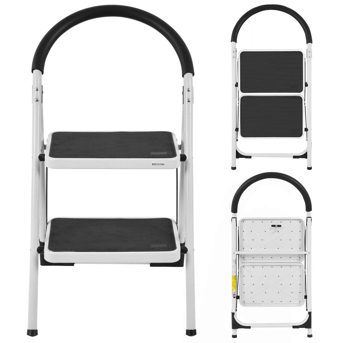 DREAMADE Trittleiter mit 2 Stufen, Klapptrittleiter Klapptreppe Stufenleiter mit Antirutsch-Matte, Klappsicherung Klapptritt aus Eisen mit Beschichtung