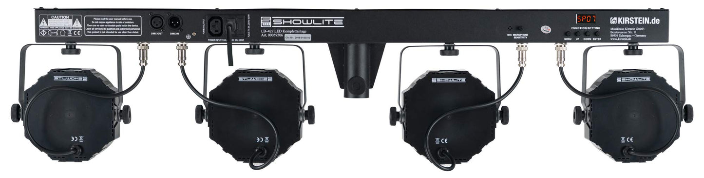 Showlite LB-427 LED RGB Lichtanlage - vier PAR-Spots mit je 3 St. 9W LEDs - steuerbar via DMX 512, Wireless-Fußpedal oder manuell, inkl. Transporttasche und Fußfernsteuerung