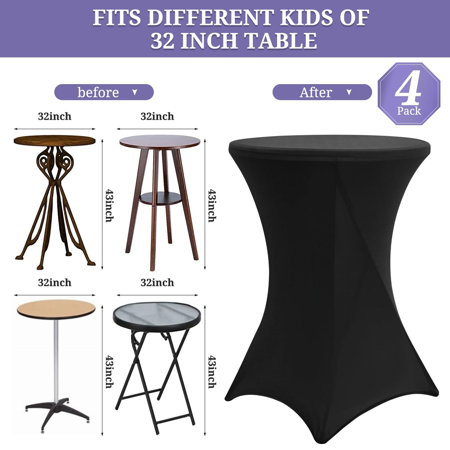4er-Set Noir Schwarzer Stehtisch Husse, Spandex Quadratische Ecktischdecke Passend für Ø 80-85cm Kleine Bar Esstische,Waschbare Tischdecken für Mariage Réceptions - und Kneipentische（80×110 cm）