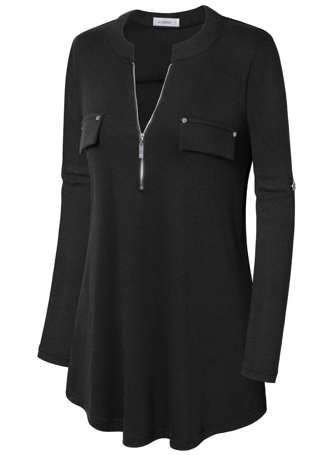 Siddhe Bluse Schwarz Damen Einfarbig V-Ausschnitt Bluse Tunika Damen Langarm Reißverschluss T-Shirt Oberteile Elegant 3/4 Ärmel Blusen Casual Longshirt, Schwarz M
