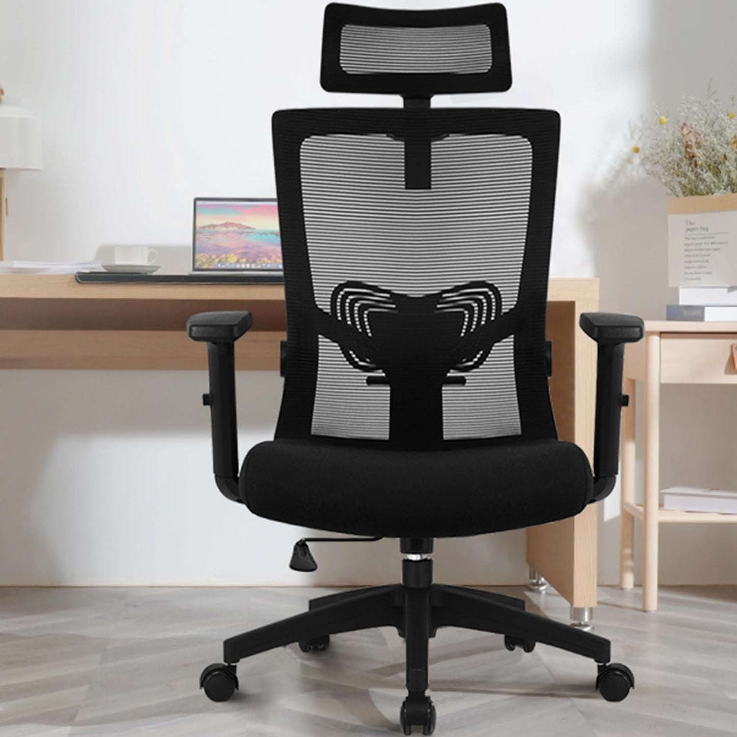 Daccormax Bürostuhl Ergonomisch, Schreibtischstuhl mit Verstellbarer Kopfstütze, Armlehnen, Lendenwirbelstütze, Drehstuhl Wippfunktion, Chefsessel aus Mesh,Rückenschonend, Bürostuhl 150kg