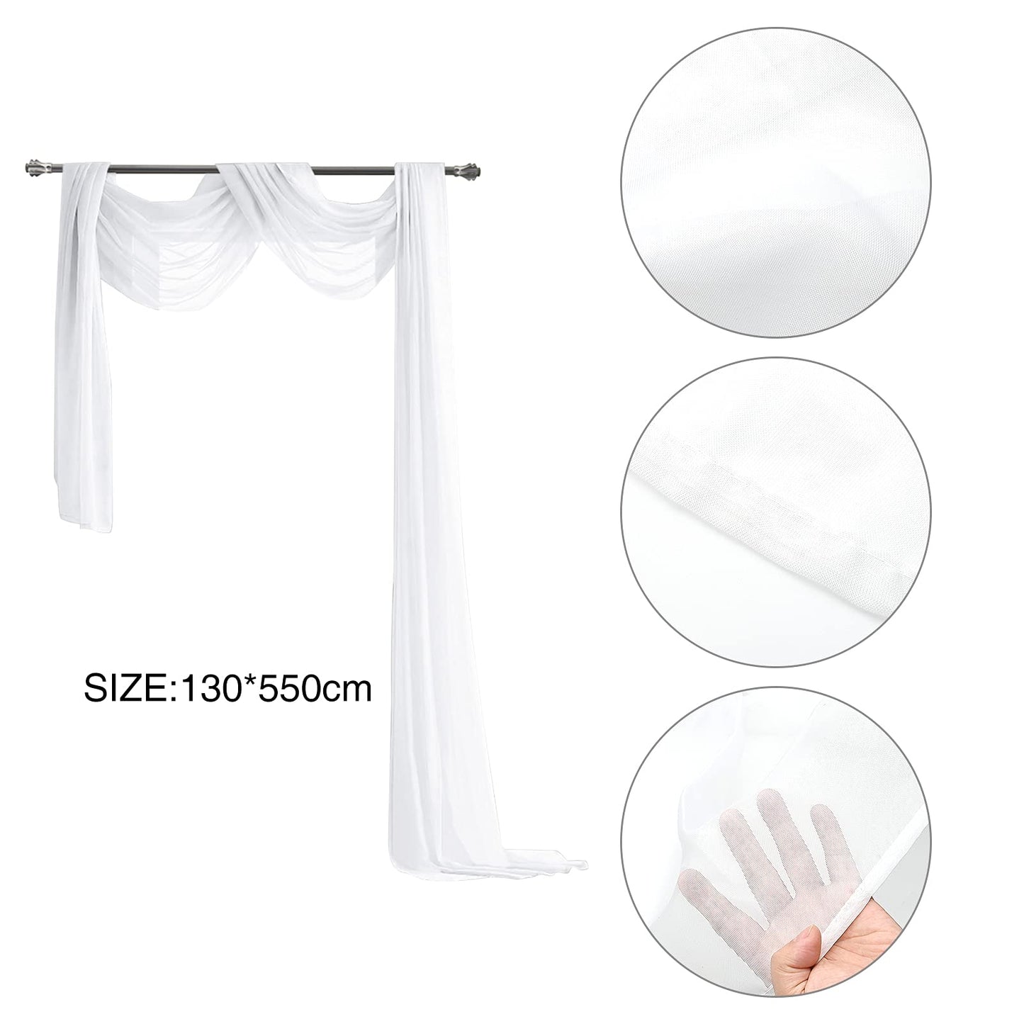 JTOOYS Weißer Vorhang für Hochzeit, 1 Stück, 130 x 550 cm, Vorhang, Hochzeitsbogen, Wandbehang, romantisch, Hochzeit, Dekoration für Wohnzimmer, Hochzeitsfeier, Zeremonie, Bühnendekoration