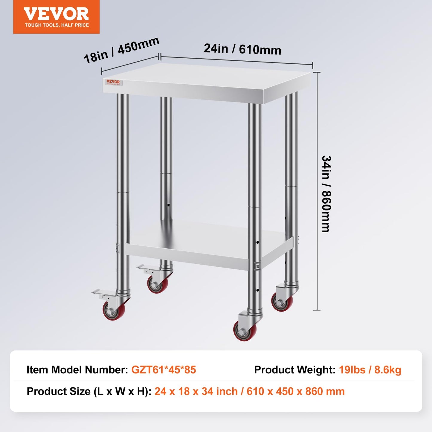 VEVOR Arbeitstisch 61 x 46 x 86 cm Edelstahl Catering Arbeitstisch 100 kg für Belastbarkeit Lebensmittel Zubereitungstisch Gewerbliche Arbeitstisch für Küche Bar Restaurantar 4 verstellbare Füße