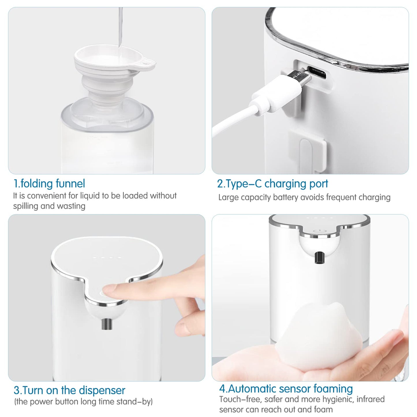 AIBISTAR Seifenspender Automatisch Wandbefestigung, 400 ML Induktiver Berührungsloser Flüssigkeitsspender, 4 Gänge Einstellbare Schalter, IPX5 Wasserdicht,Geeignet für Küche,Bad und Hotel