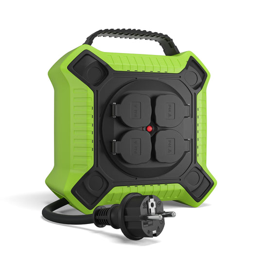 MutecPower Kabeltrommel 15m Outdoor IP44 mit 4 schutzkontaktsteckdosen, kabelrolle außen H05RR-F 3G1,5 Schwartz/Grün