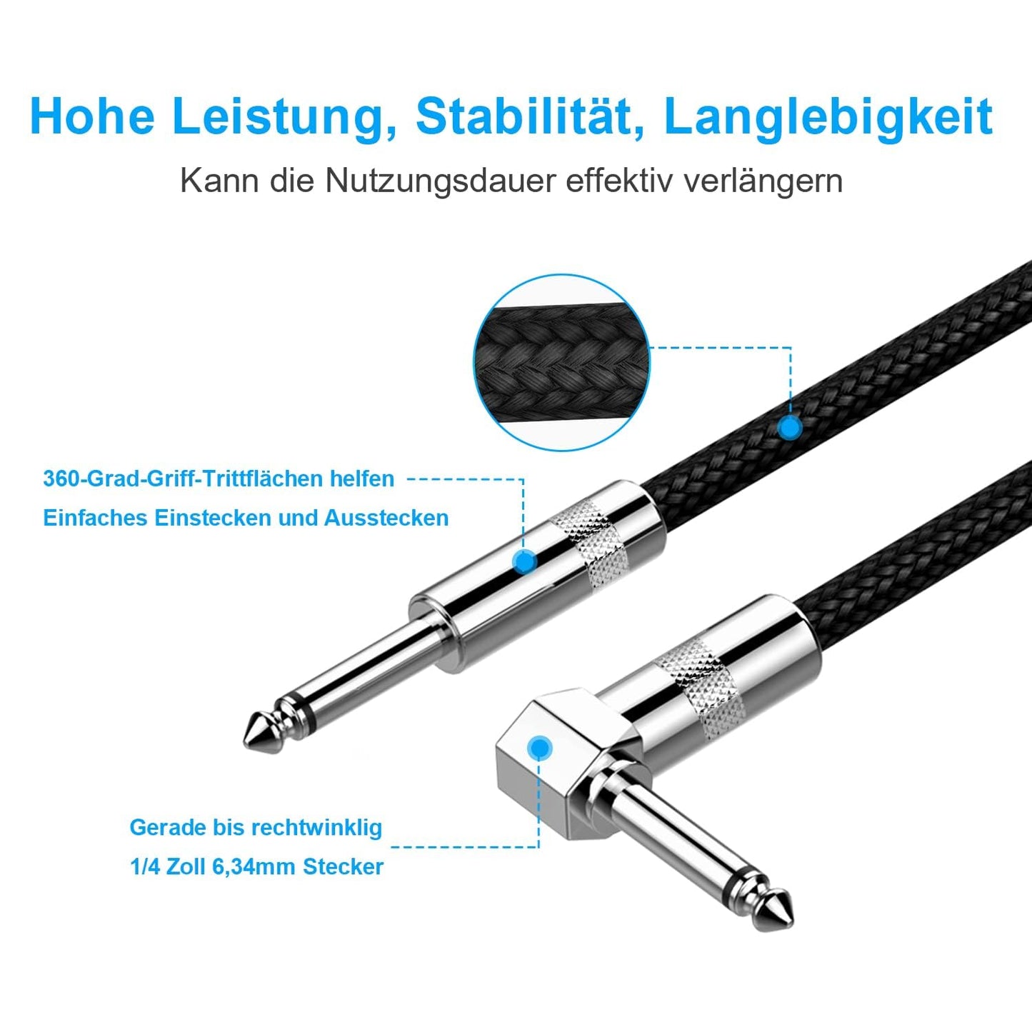 New bee Instrumentenkabel Elektrisches Instrumentenkabel Bass AMP-Kabel 1/4 für E-Gitarre, Bassgitarre, Keyboard, Elektrische Mandoline, Pro Audio (RIGHT, 1.8m/6ft)
