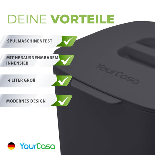 YourCasa Biomülleimer Küche 4L Komposteimer für alltäglichen Biomüll Behälter - Spülmaschinenfest - Geruchsdicht - Sieb - Bio Mülleimer klein mit Deckel Eimer Bioabfallbehälter Biotonne (4L Anthrazit)