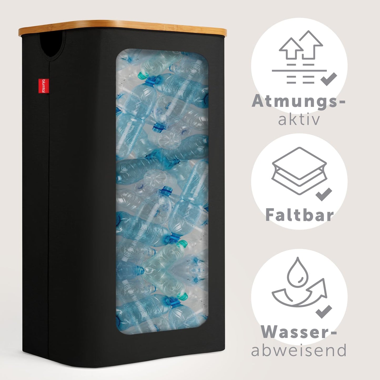 Blumtal Pflandflaschen Sammelbehälter 100L - Bambus Pfandflaschen Organizer mit Pfandflaschen Tasche - Pfandflaschen Behälter - Leergut Sammelbehälter mit Loch- Pfandflaschen Sammelbehälter Schwarz