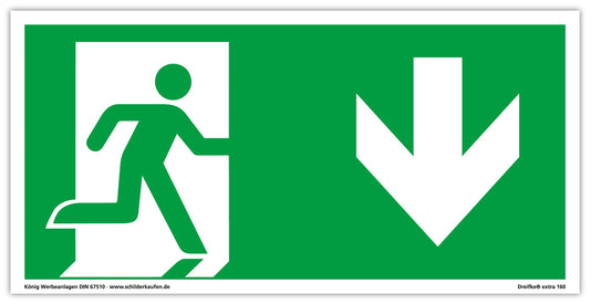 Schild Notausgang | extra langnachleuchtend | PVC selbstklebend 297x148mm | gemäß ASR A1.3 DIN 7010 DIN 67510 | Notausgangsschild Pfeil nach unten | Fluchtwegschild Rettungsweg | Dreifke® extra 160