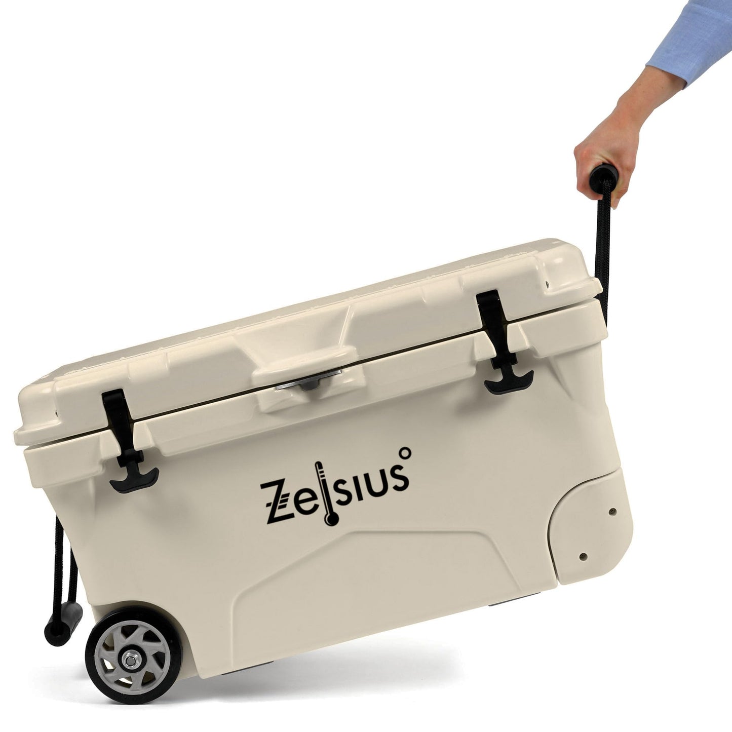 Zelsius Kühlbox 50 Liter mit Räder | Beige | Coolbox | Fahrbare Cooling Box ideal für Auto Camping Urlaub Angeln Freizeit Outdoor | Thermobox für Warm und Kalt