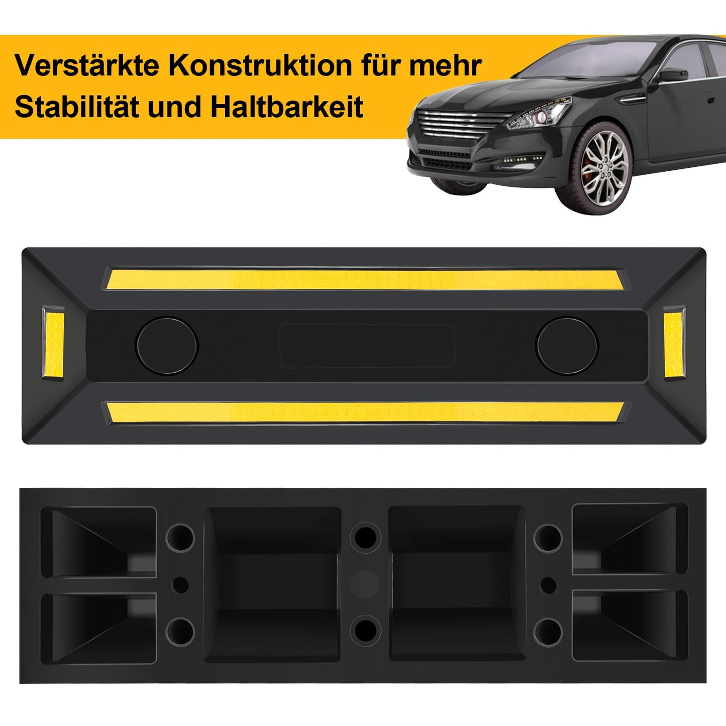 Ikodm 2 Stück Parkplatzsperre Gummi Radstopper Parkplatzbegrenzer Parkbegrenzung Parkplatzmarkierung Anfahrschutz mit Gelb Reflektierende Streifen für Garage und Parkplätze