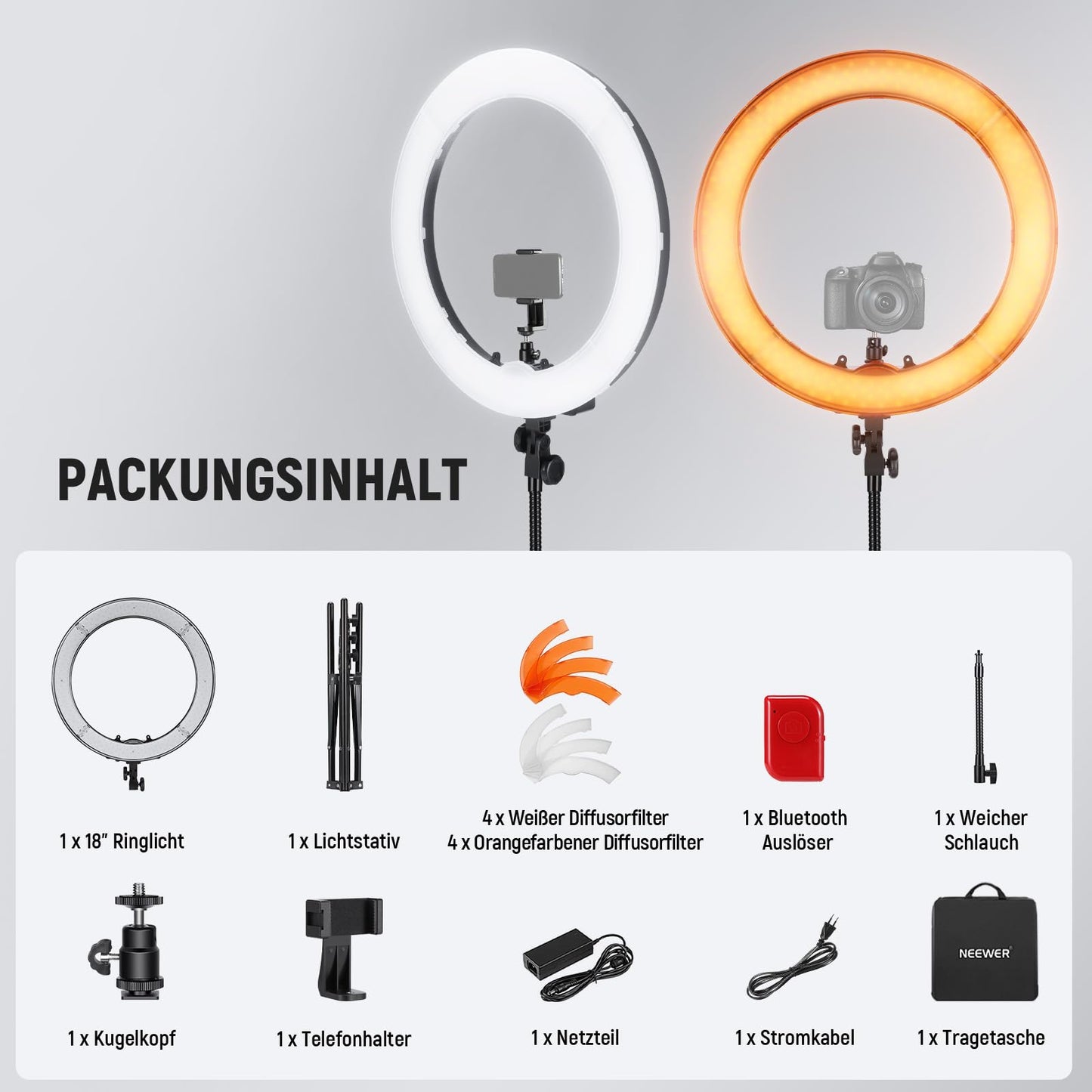 NEEWER Ringlicht mit Stativ Set: 18 Zoll/45cm Außen 55W 5600K Dimmbare LED Ringleuchte mit Bluetooth Fernbedienung für Handy/Kamera für YouTube TikTok Self Porträt Foto, Tätowierer, Make up, Salons