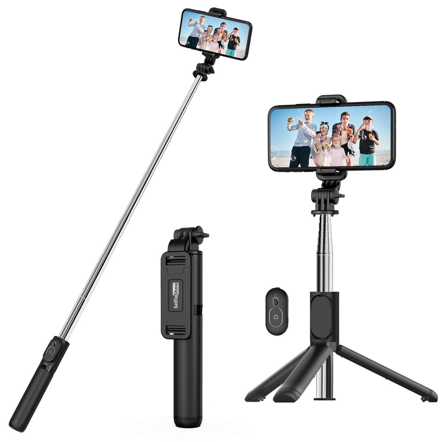 SelfieShow Selfie Stick Stativ, Erweiterbar Selfie-Stange mit Kabelloser Fernbedienung Tragbar Monopod Handyhalter Kompatibel mit iPhone 15/14/13/12/11 Pro/XS Max/XS/X/8/7, Samsung Huawei Smartphones