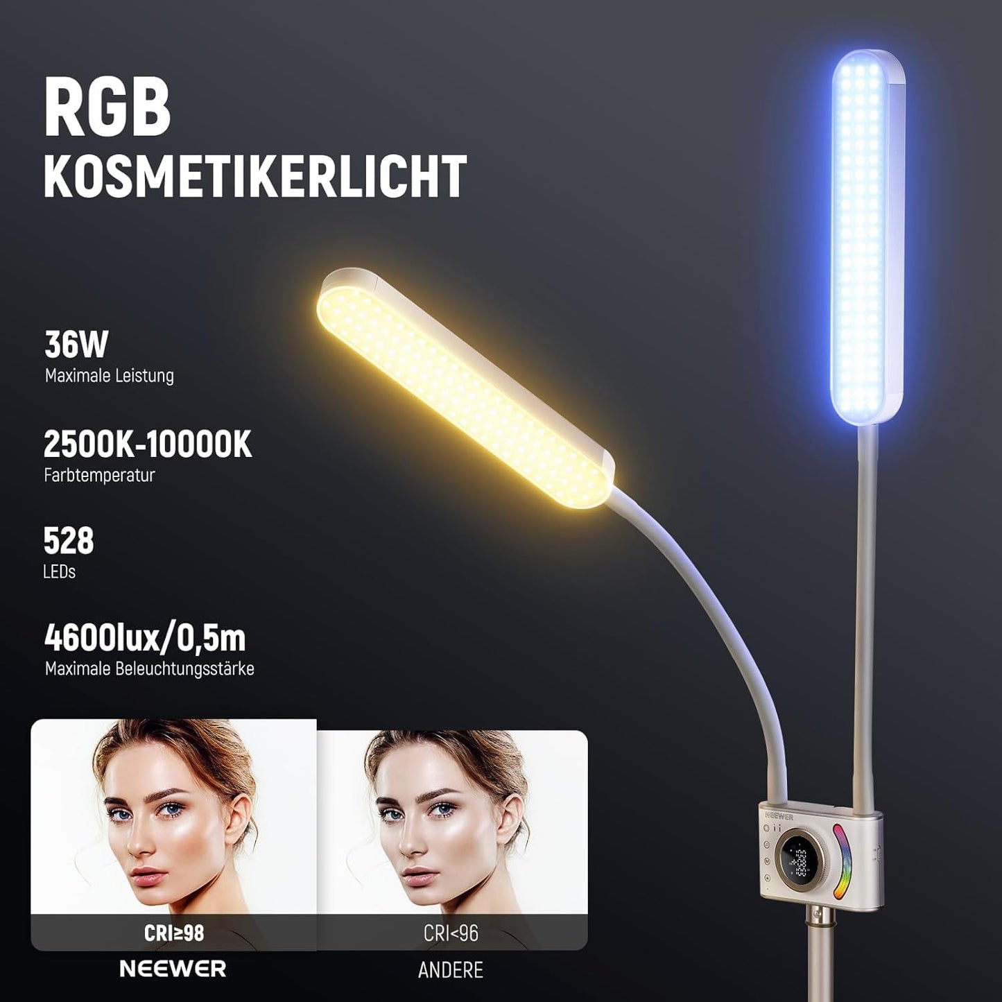 NEEWER RGB Beleuchtungsset für Kosmetiker, Handy APP Steuerung/Touchbar, separater Steuerung, Doppelarm LED Videolicht Telefonhalter/Ständer/Tasche, 2500K-10.000K, 18 Szenen für Tattoo Wimpern, BH40C