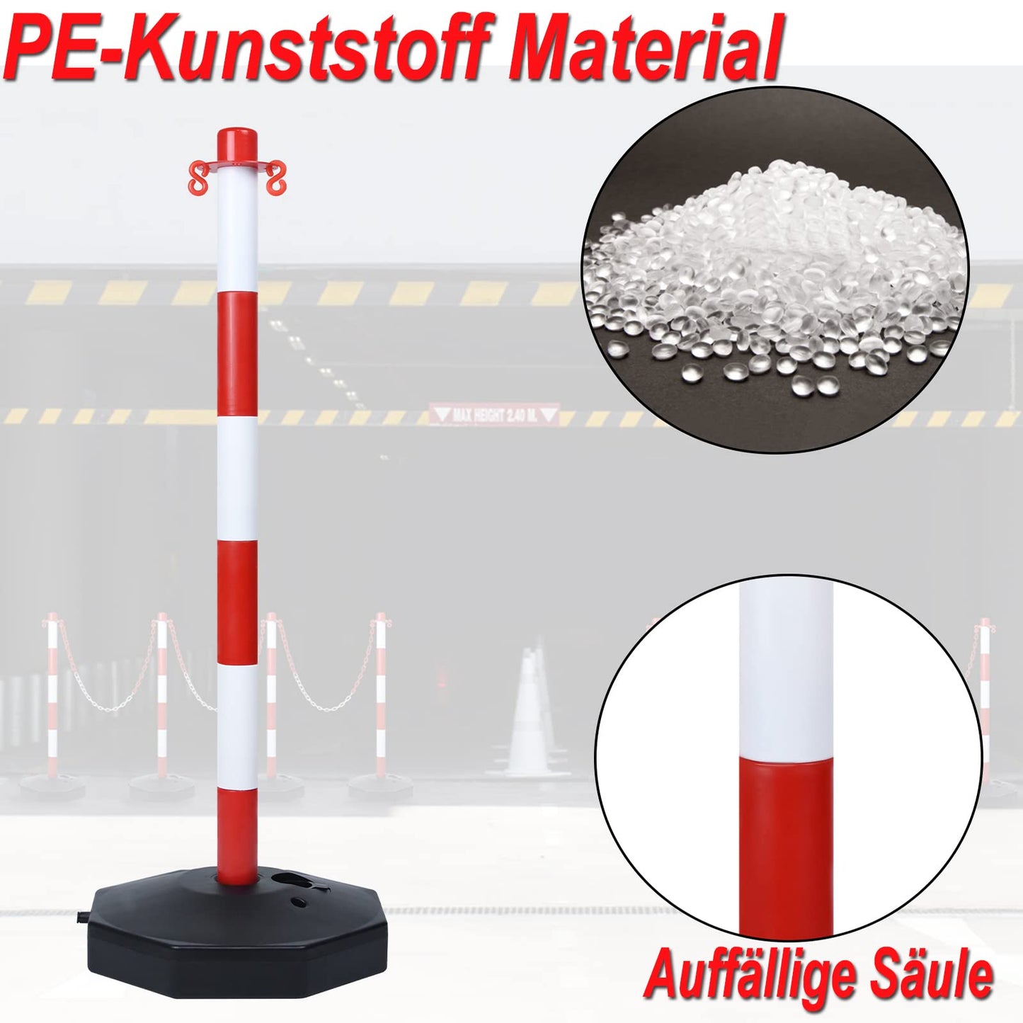 YRHome 4 Stück Absperrpfosten 82x28x28 cm Kettenpfosten aus Kunststoff Absperrung Sperrpfosten mit 4 Absperrketten von 140cm und Standfuß befüllbar mit Wasser und Sand Weiß/Rot Pfosten Kettenständer