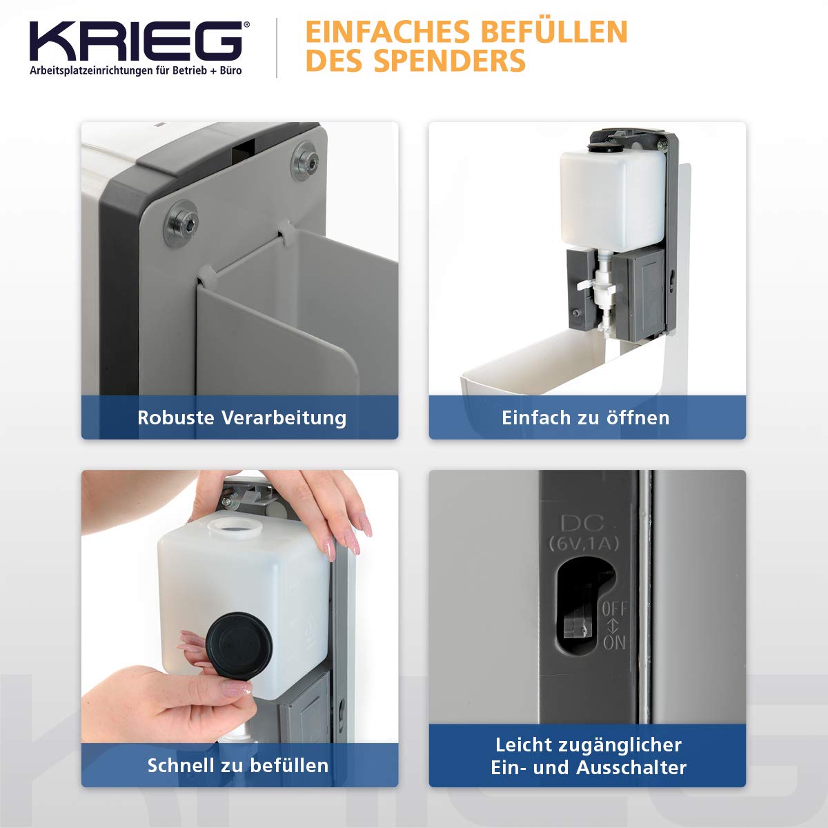 KRIEG Desinfektionssäule mit Sensor I Grau I Kontaktlos Hygienestation 1000 ml - 333 Sprühstöße I Desinfektionsstation freistehend, stabil, höhenverstellbar, automatisch I Hygienesäule Ready to go
