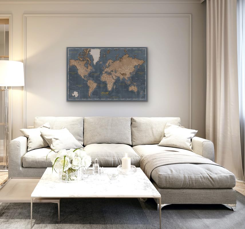 Hochwertige Canvas Weltkarte mit Kork-Pinnwand - Englische Beschriftung - Dekorative Wanddeko für alle Zimmer - Leinwandbilder mit Weltkarte Motiv (90x60 cm, Muster 5)