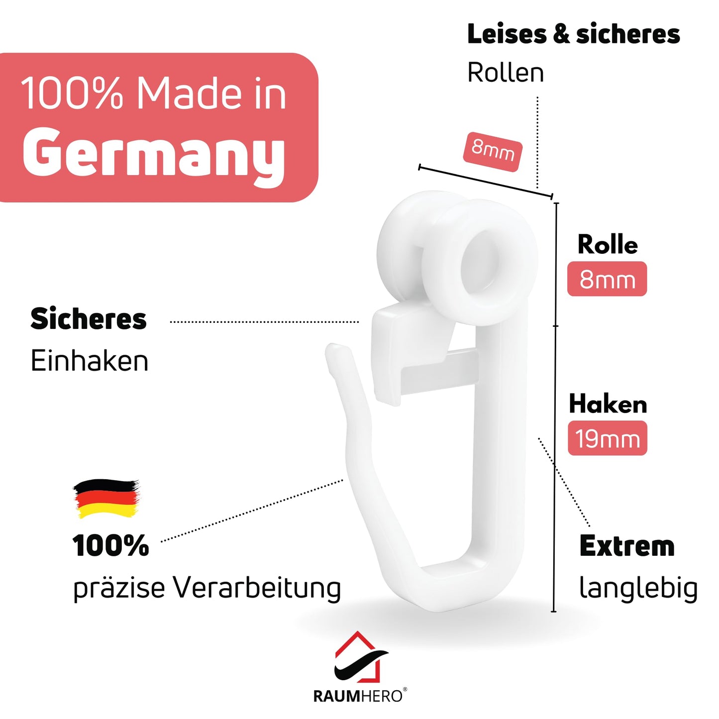 Raumhero® Gardinenröllchen für Schiene (Komplettset 100x Gardinenhaken inkl. 6X Stopper) - 8mm Standardmaß Gardinengleiter - Gardinenhaken für Schienen - 100% Made in Germany