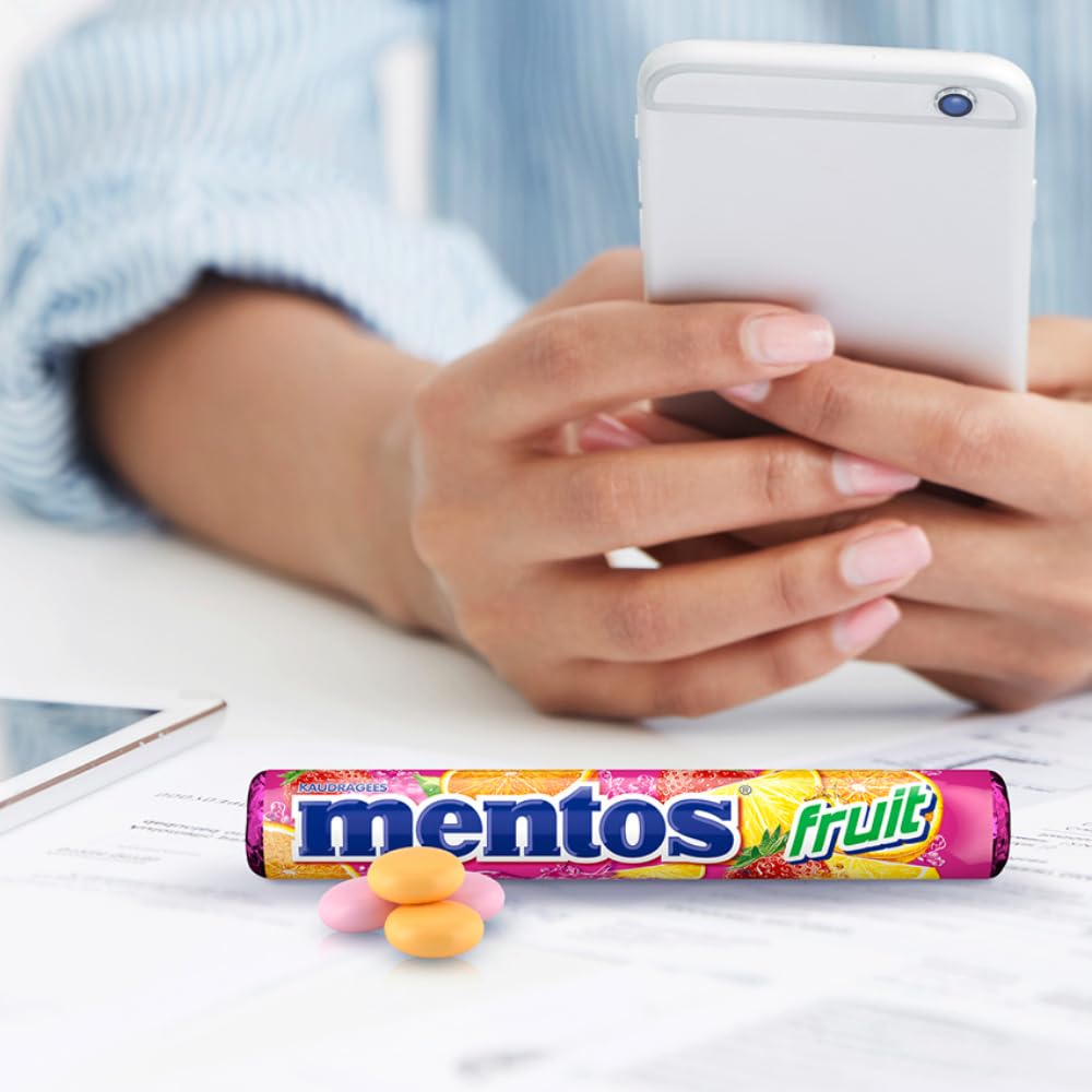 Mentos Fruit Dragees Multipack, 40 Rollen (532 g), Vegane Fruchtbonbons mit Orange, Zitrone, Erdbeere