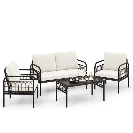GIANTEX Gartenmöbel Set, Gartenlounge Outdoor Möbelsets, Garten Lounge Set Rattan, Sitzgruppe 4 Personen Tisch 2 Stühle Sitzbank, inkl. Kissen, Balkonmöbel Kleiner Balkon, Gartengarnitur Sitzgruppe