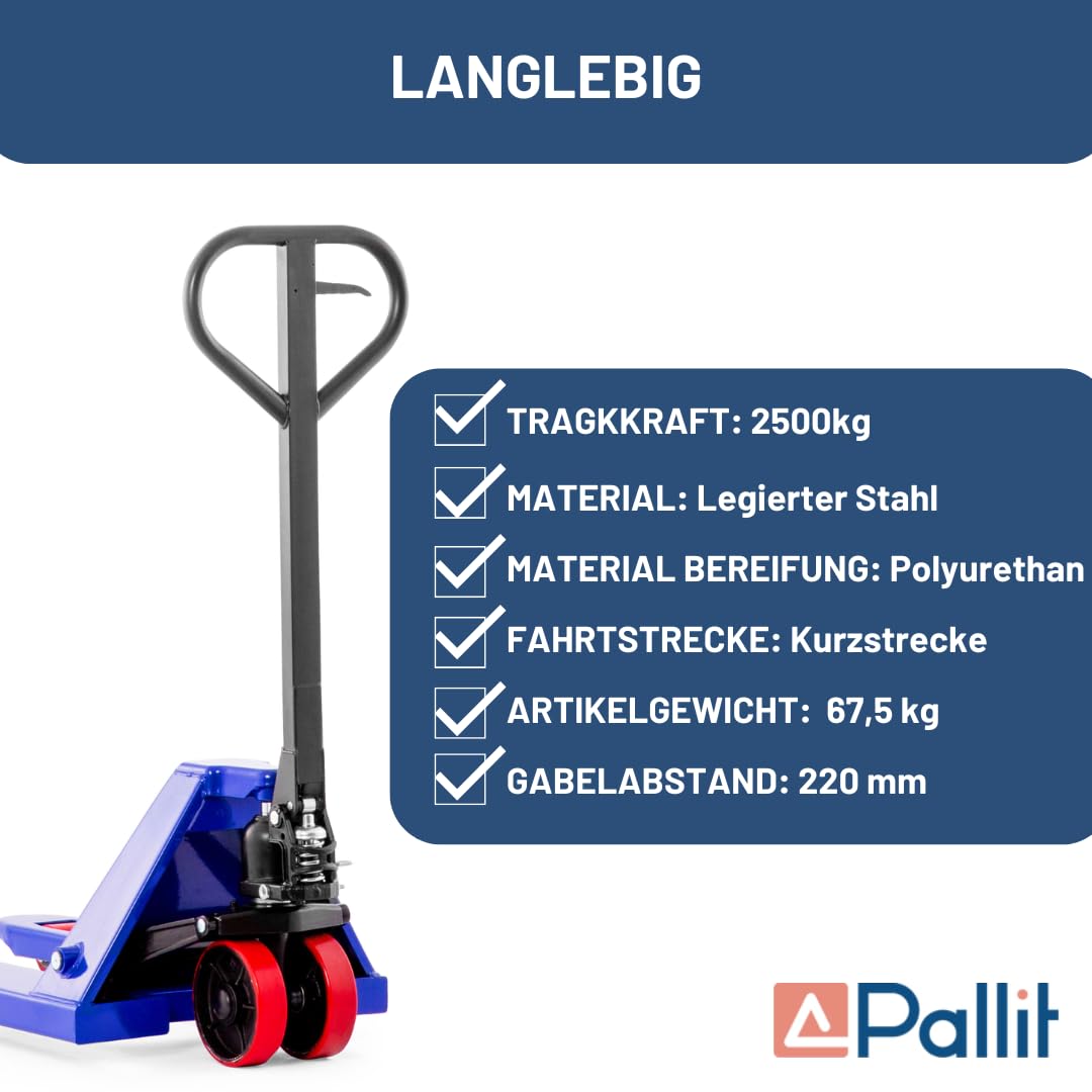 Pallit FIVE Hubwagen 2500 kg Palettenwagen 1150 mm Gabellänge Blau Robuster Gabelhubwagen mit PU Rollen Handhubwagen aus Stahl, langlebig
