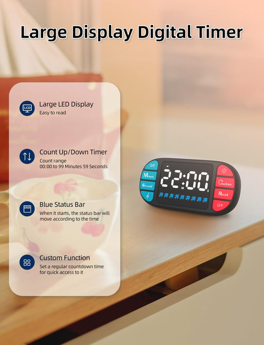 DOOMAY Digitaler Küchentimer - Magnetischer Countdown-Timer, große 3,6-Zoll-LED-Anzeige, 3 Helligkeits- und 4 Lautstärkestufen, 4 Alarmtöne für Kinder, Klassenzimmer, Haus und Küche