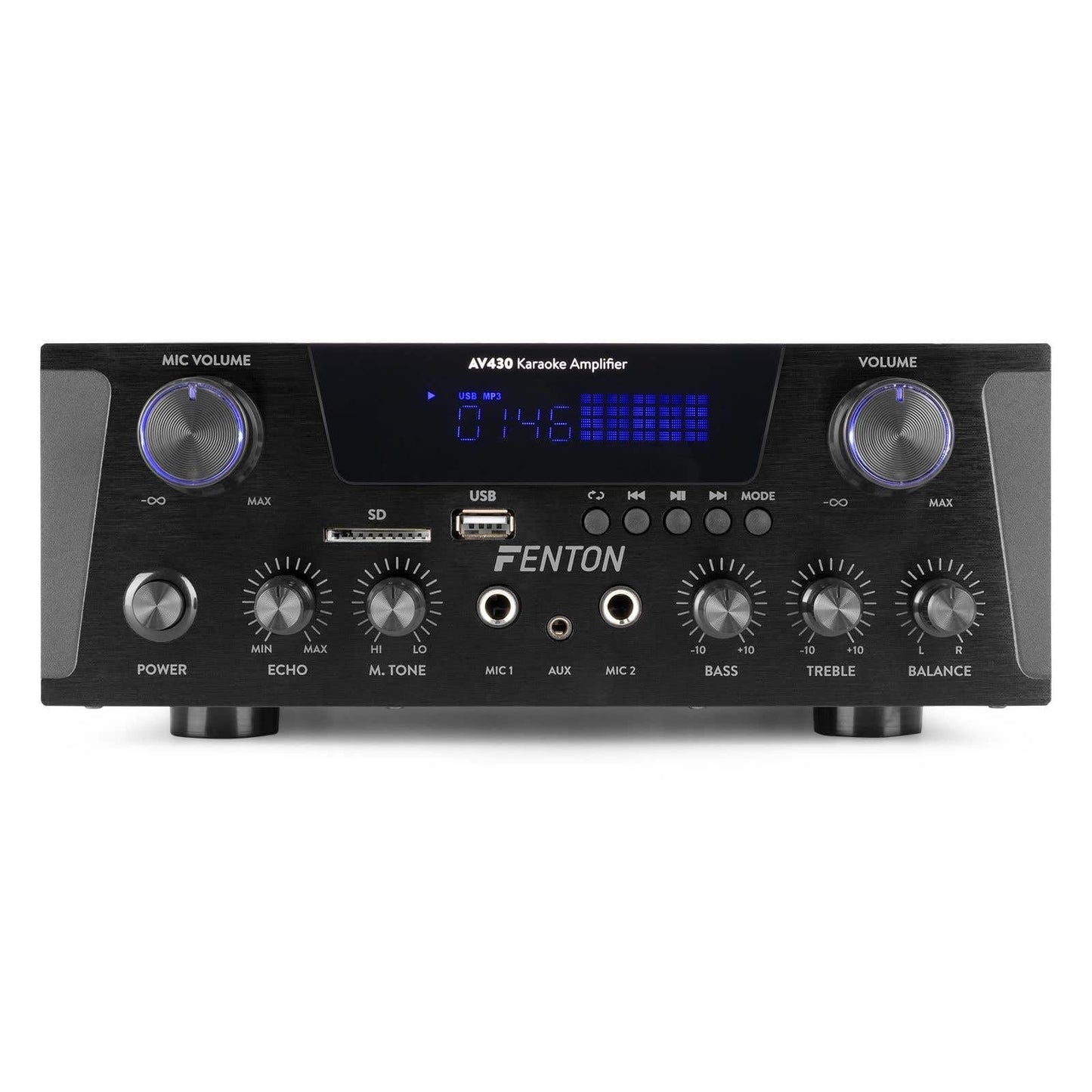 Fenton AV430B Karaoke Verstärker mit Echo, kompakter 600 Watt Bluetooth Verstärker, 2X MIC-In, 2X Cinch-In, MP3-Player, USB, SD, Stereo-HiFi-Verstärker, Amplifier inkl. Fernbedienung - Schwarz