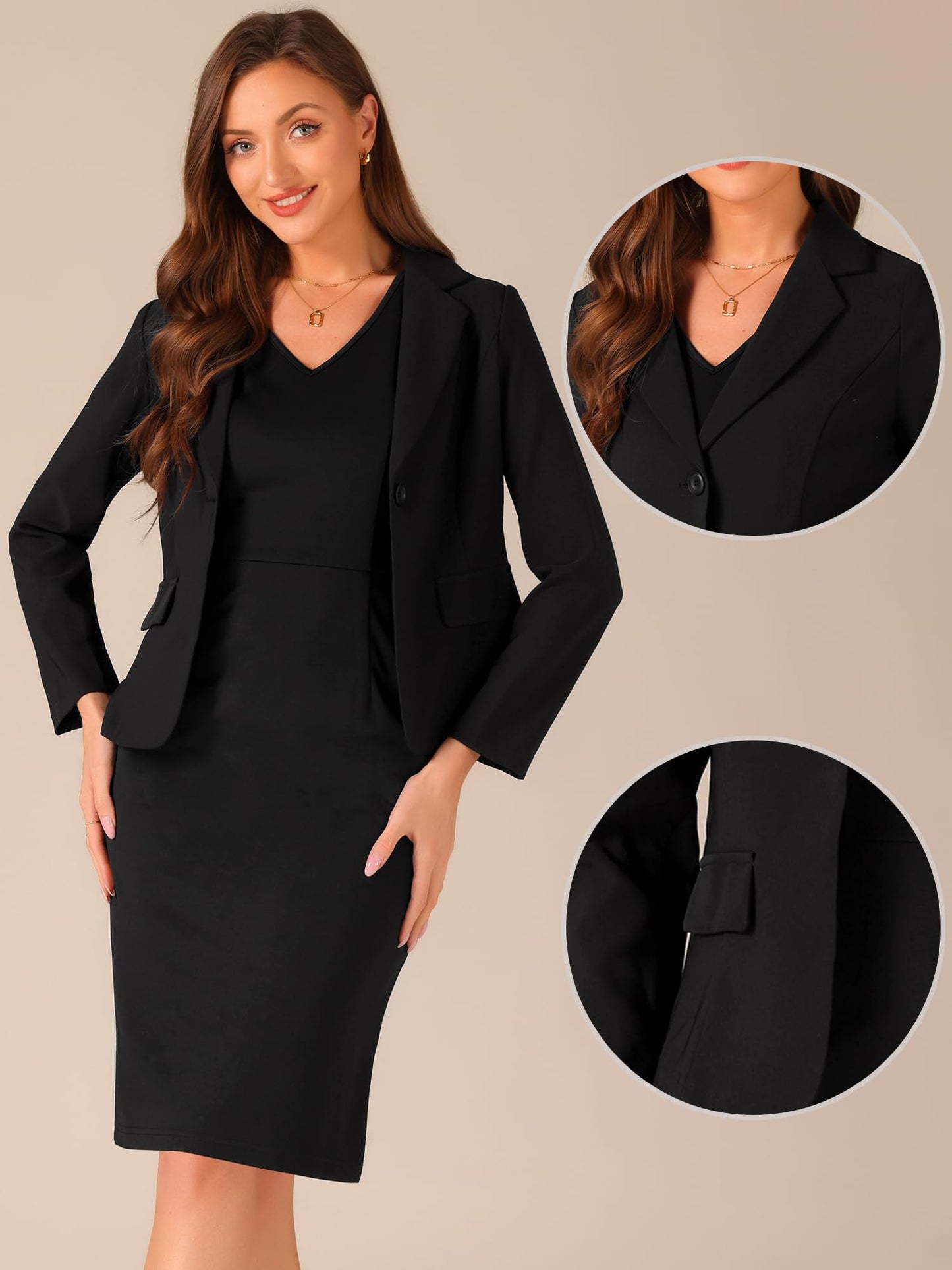 Allegra K Damen Anzug-Sets Business 2-Teiliges Outfit Einfarbig V-Ausschnitt Bürokleid Gekerbtes Revers Blazer Schwarz M