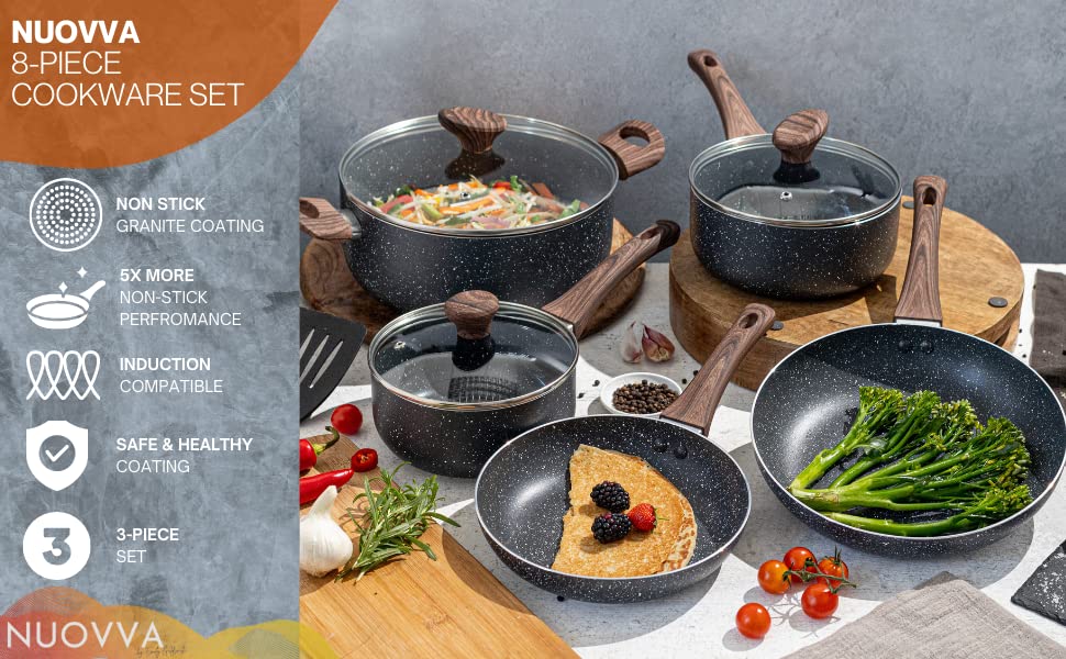 Antihaftbeschichtete Töpfe und Pfannen Set - Induktionskochfeld Topfset - 8 Stück Küche Kochgeschirr mit Deckel - Kochen Marmor Topf Töpfe und Pfannen - von Nuovva