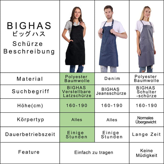 BIGHAS Verstellbare Schürze mit Tasche, Extra Lange Bänder für Damen und Herren, 18 Farben, für Koch, Küche, Zuhause, Restaurant, Cafe, Kochen, Backen, Gartenarbeit 27W×32L (Schwarz)
