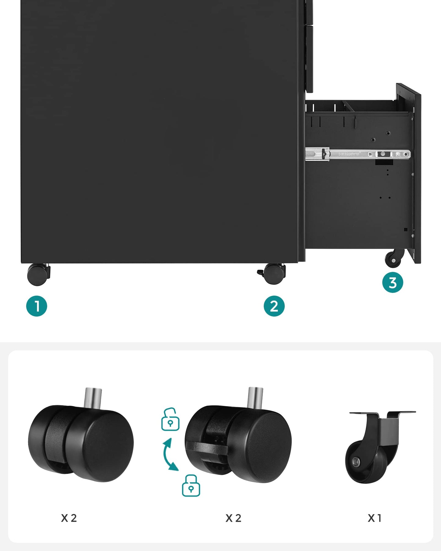 SONGMICS Rollcontainer, unter Schreibtisch, mit 3 Schublade, vormontiert, abschließbarer Büroschrank mit Hängeregistratur, für Akten, Dokumente, Schreibwaren, 52 x 39 x 60 cm, schwarz OFC60BK