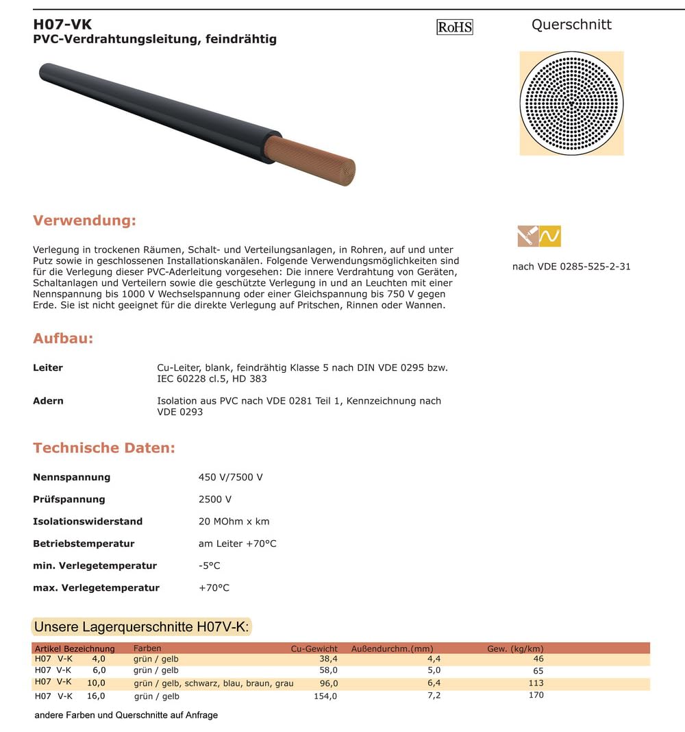 Verdrahtungsleitung 10mm² - schwarz, grau, braun, blau, grün/gelb - H07V-K PVC-Einzelader - Aderleitung feindrähtig flexibel (2-100m) inkl. 5 Aderendhülsen (schwarz, 2 Meter)