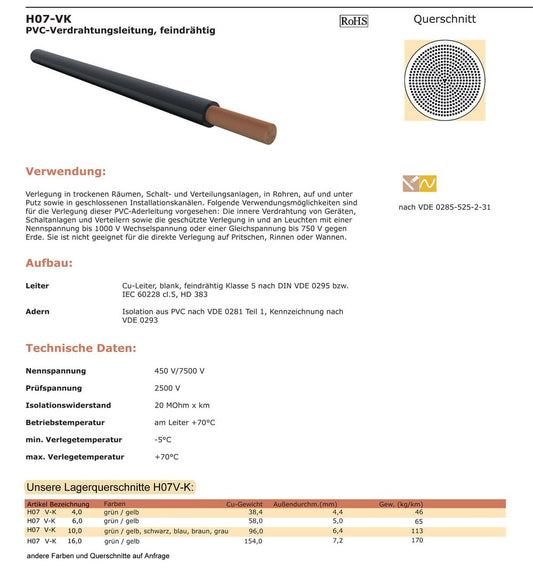 Verdrahtungsleitung 10mm² - schwarz, grau, braun, blau, grün/gelb - H07V-K PVC-Einzelader - Aderleitung feindrähtig flexibel (2-100m) inkl. 5 Aderendhülsen (schwarz, 2 Meter)