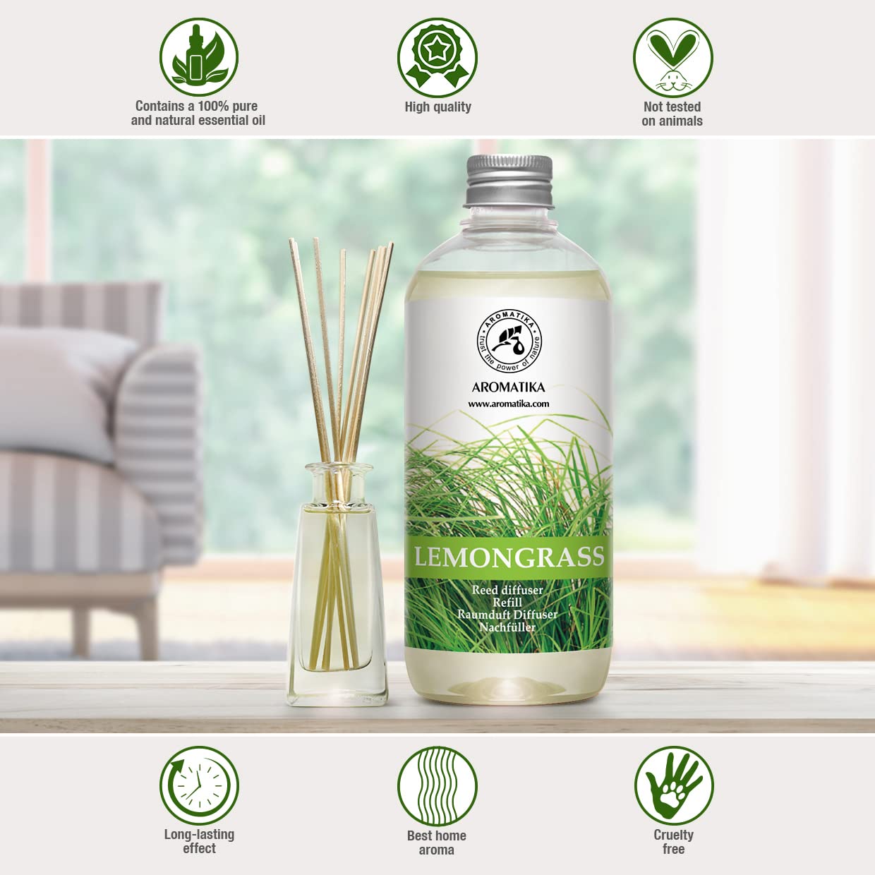Raumduft Nachfüller Lemongrass - Zitronengras 500ml - Nachfüllflasche mit Naturreinem Ätherischen Lemongras Öl - Intensiv & Langanhaltend Natürlicher fur Raum - Küche - Bester Raumlufterfrischer