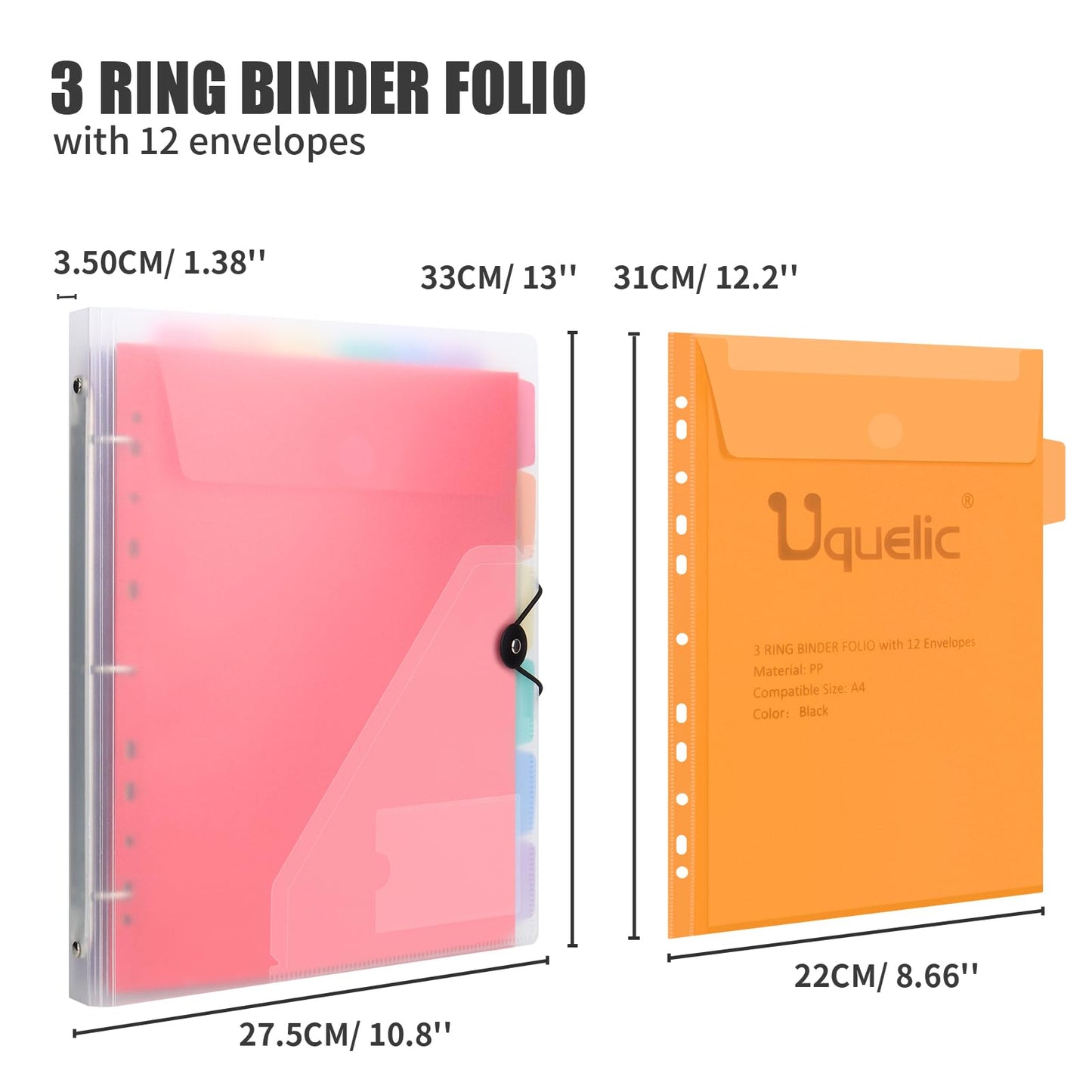 Uquelic Dokumentenmappe A4 zum Abheften, Ringordner A4 Schmal mit 12er Kunststoff Dokumententasche (6 Farben), Wasserdicht Ordner Organizer - Transparent
