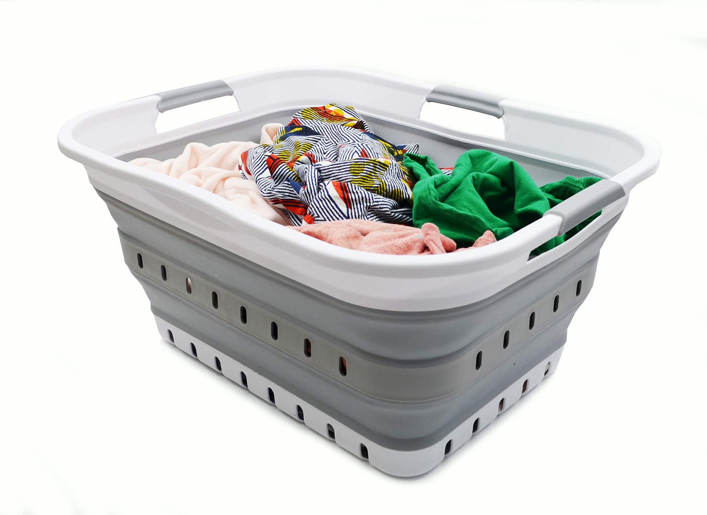 SAMMART 42L Faltbarer Wäschekorb aus Kunststoff –Pop-Up-Aufbewahrungsbehälter/Organizer – tragbarer– platzsparender (1, Weiß/Grau)