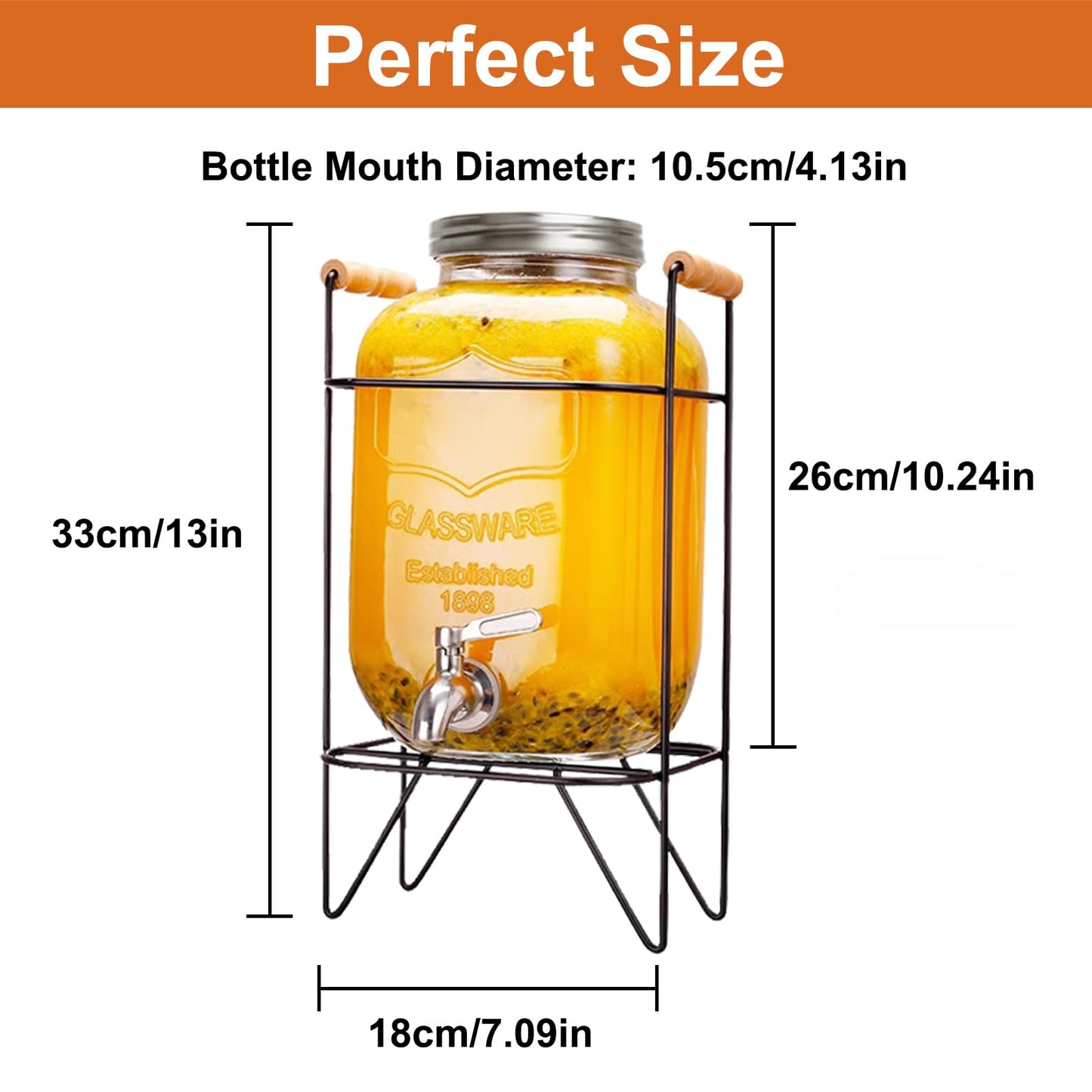 Hiziwimi 4L Glas-Getränkespender mit Deckel Weithals-Eisgetränkeglas mit Bügeleisenhalter, für Eissaft, Wasser, hausgemachte Teegetränke