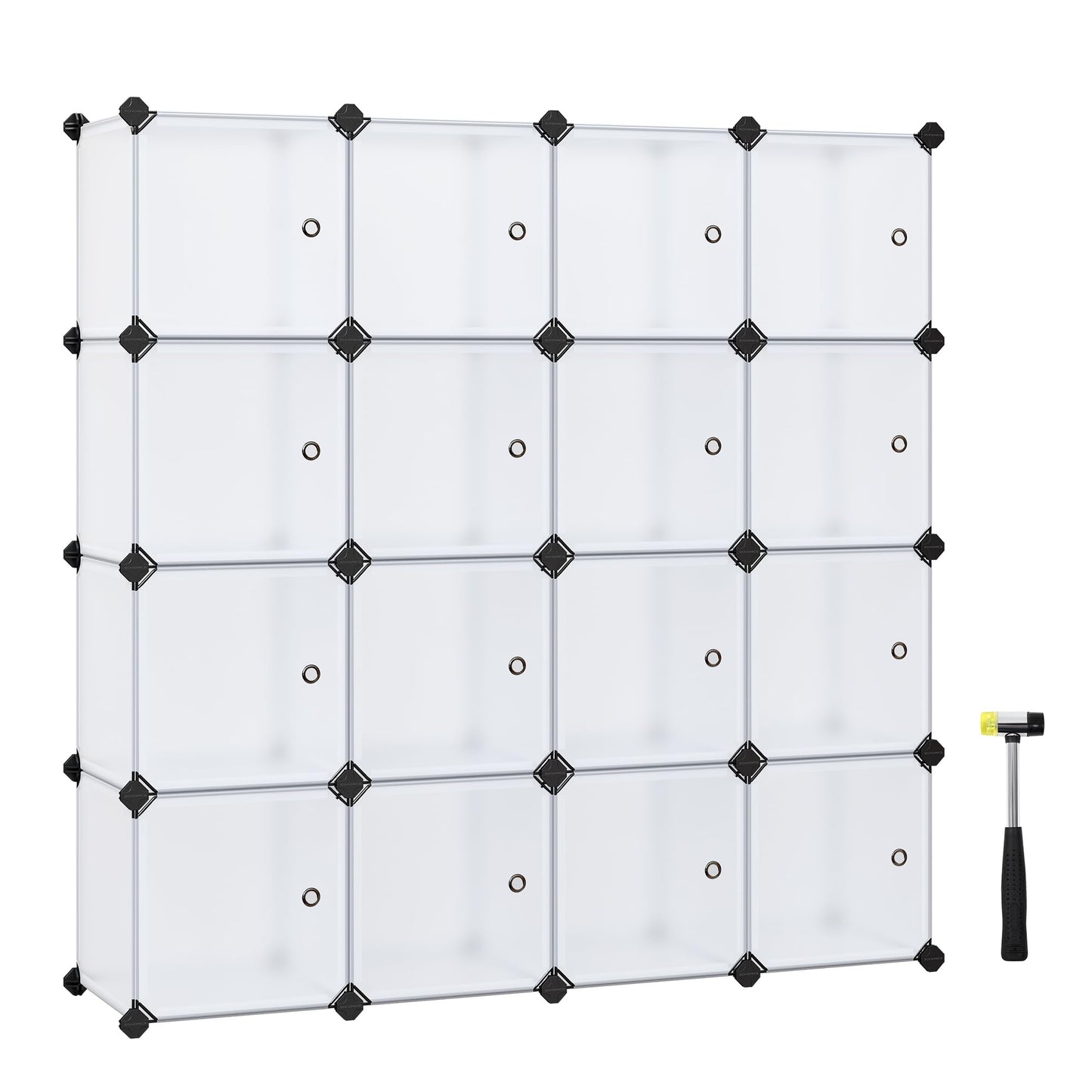SONGMICS Regalsystem, Schuhregal, Set aus 16 Würfeln, Kleiderschrank aus Kunststoff, mit Türen, Steckregal, Aufbewahrung von Kleidung, Schuhen und Büchern, einfache Montage, weiß LPC44BS