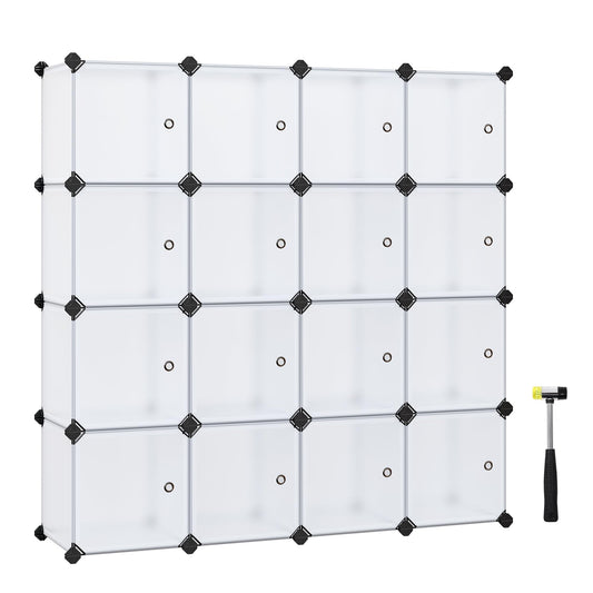 SONGMICS Regalsystem, Schuhregal, Set aus 16 Würfeln, Kleiderschrank aus Kunststoff, mit Türen, Steckregal, Aufbewahrung von Kleidung, Schuhen und Büchern, einfache Montage, weiß LPC44BS