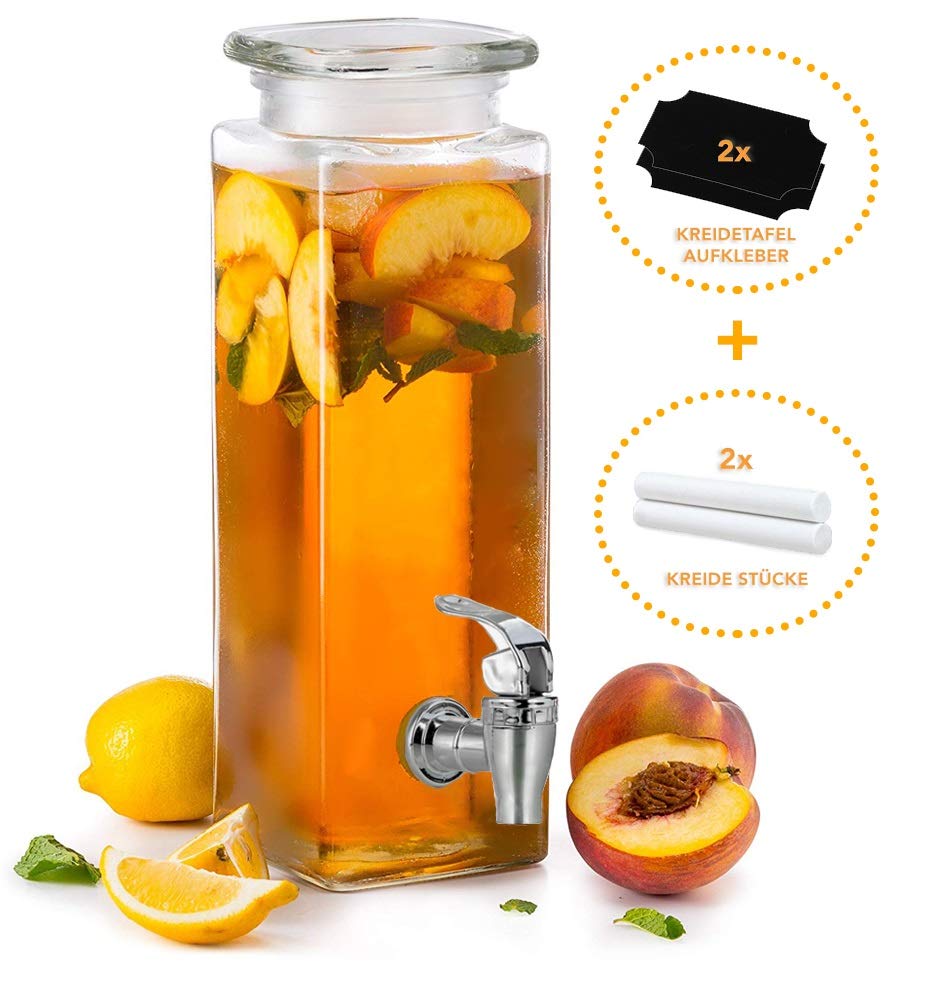 Mary´s Kitchen Tools Eckiger Getränkespender 2,5 Liter aus Glas | mit Zapfhahn | Retro Wasserspender | Limonadenspender | Saftspender |Bowle | Dispenser