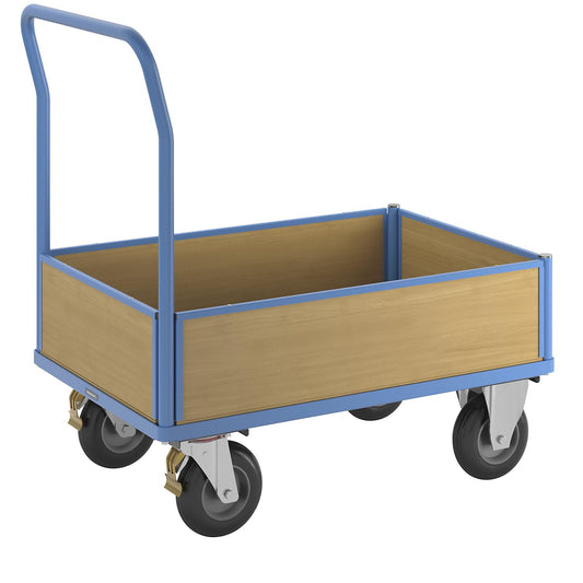 eurokraft | pro | Plattformwagen mit Holzwänden | mit 4 halbhohen Wänden | LxB 1050 x 700 mm | Luftreifen