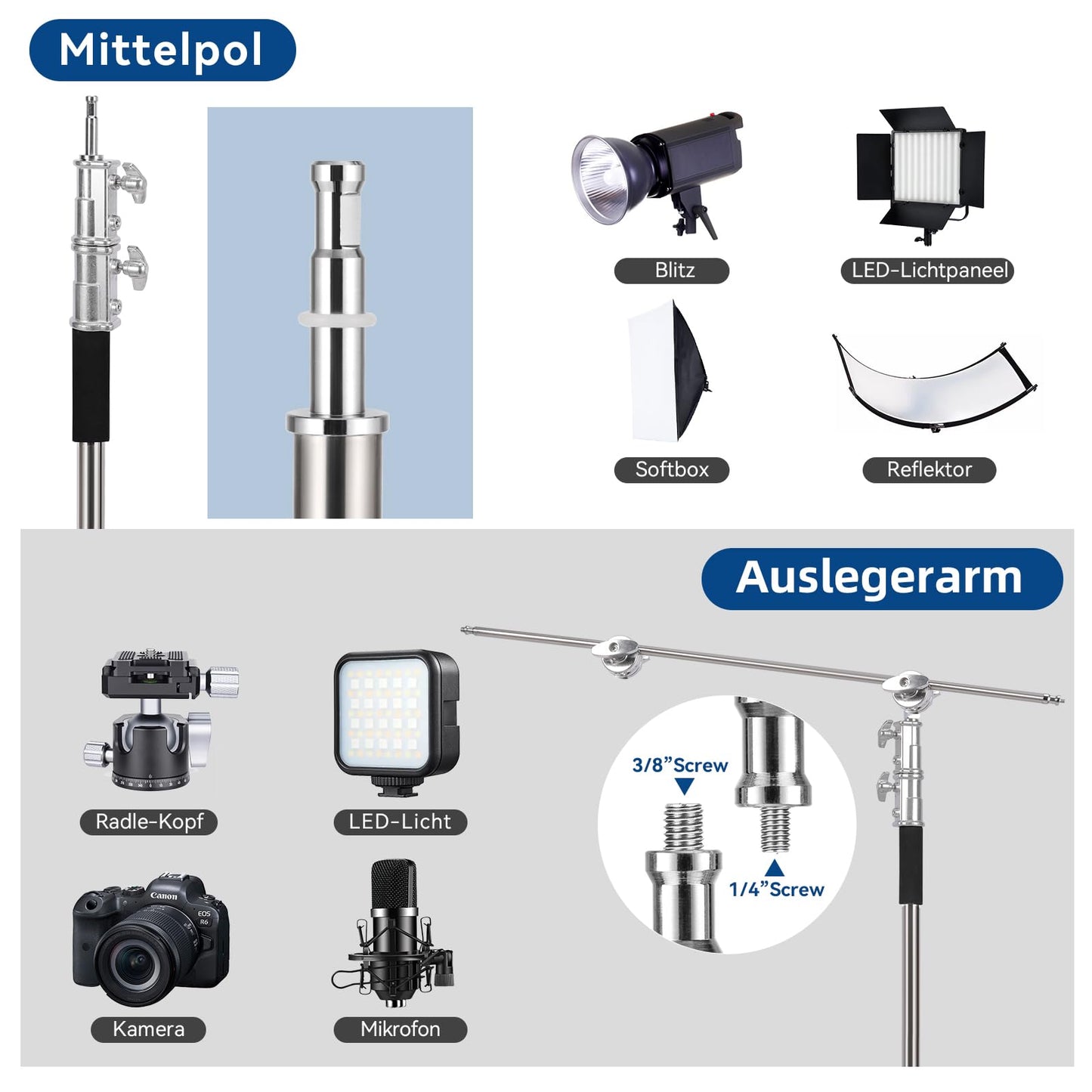 C Ständer aus Edelstahl mit Galgenarm, AQIRUI 285 cm verstellbares C Ständer Lichtständer mit 107 cm Haltearm, 2 Griffköpfen und Balance-Sanbag für Produktporträt-Videofotografie