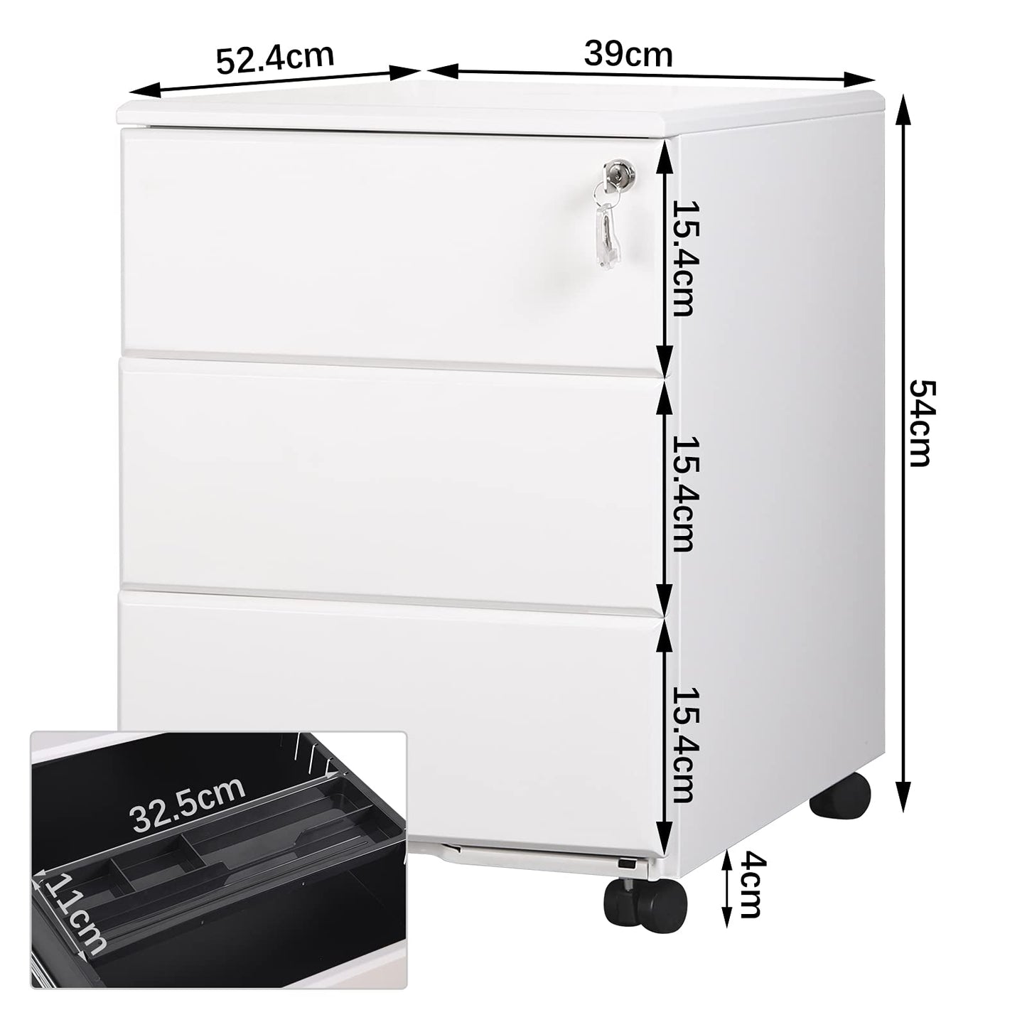 WOLTU Rollcontainer Metall, Mobiler Aktenschrank Büroschrank mit 3 Schubladen Bürocontainer, abschließbares und verstellbares Hängeregister, vormontiert, Büro, Home Office Weiß SK024ws