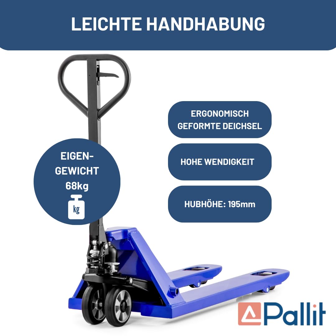 Pallit Hubwagen 2500 kg aus Stahl 1150 mm Gabellänge FIVE-R Gummirollen Gabelhubwagen Handhubwagen Palettenwagen Blau