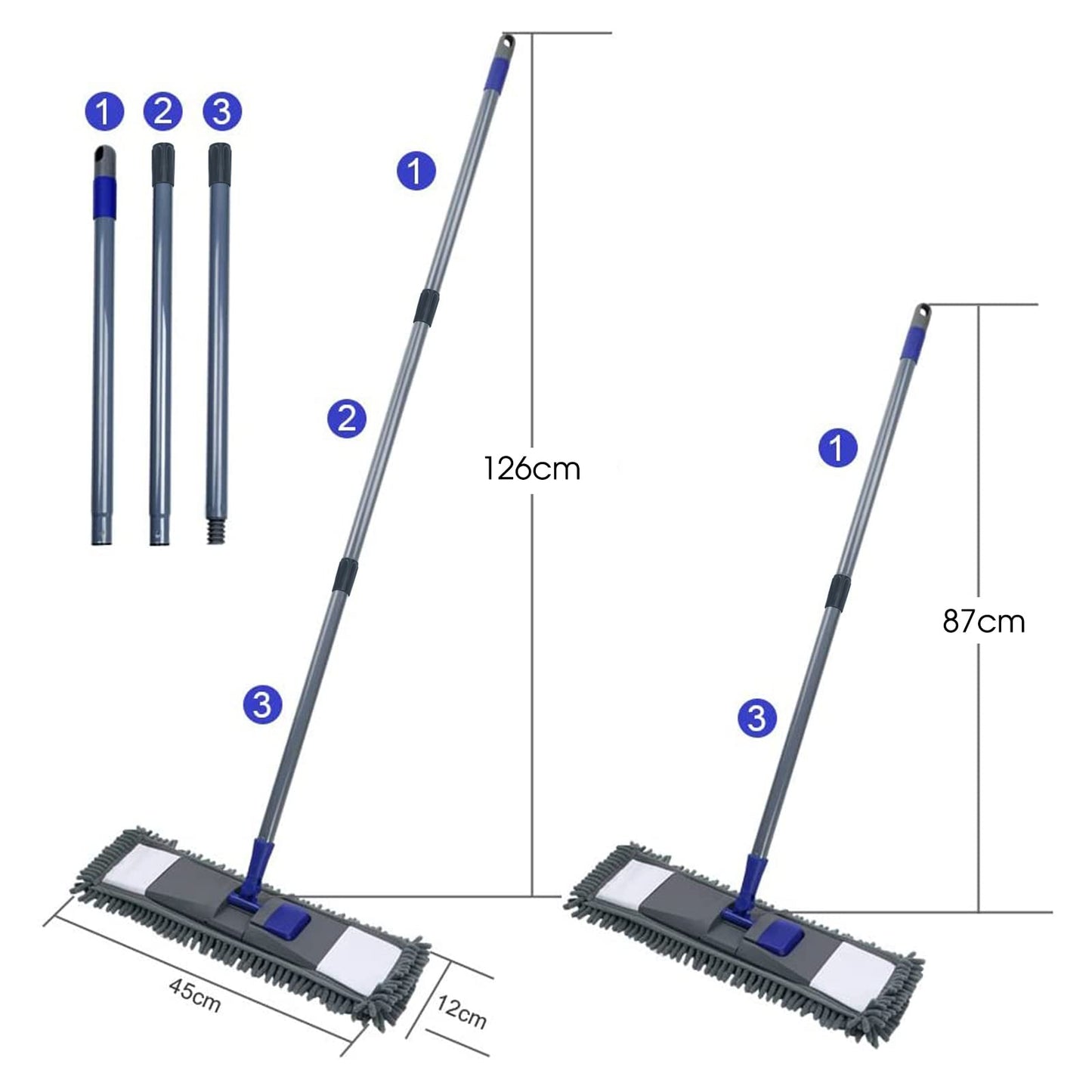 Masthome Flach Bodenwischer Set, 128 cm Chenille Flach Wischmopp mit 4 Wischpads, Wischer Set für Schnelle Reinigung Bodenreinigung, Send Scraping Dust Tool - Blau