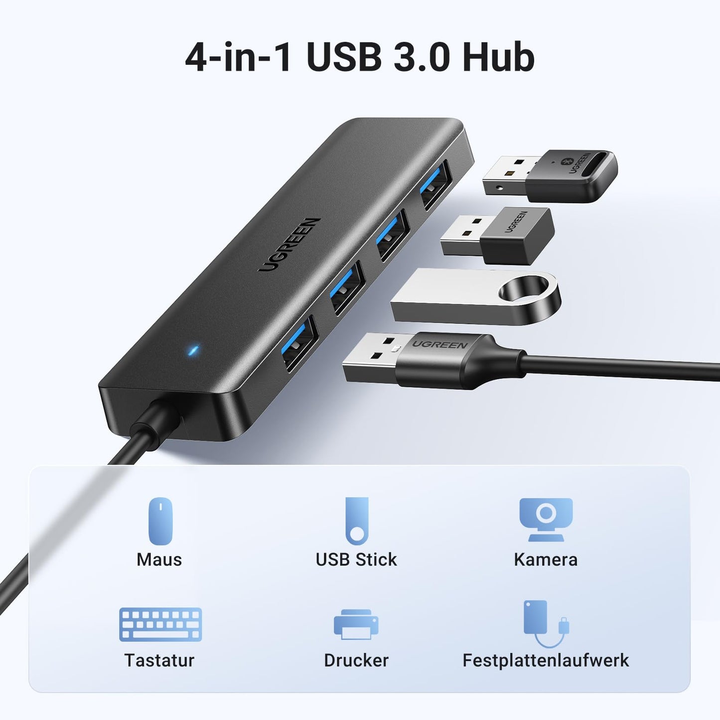 UGREEN 4-Port USB 3.0 Hub USB Verteiler 5Gbps USB Mehrfachstecker USB Splitter für MacBook, iMac, Surface, Dell, Thinkpad, USB Stick, Mobile HDD, Desktop PC und mehr (15cm)