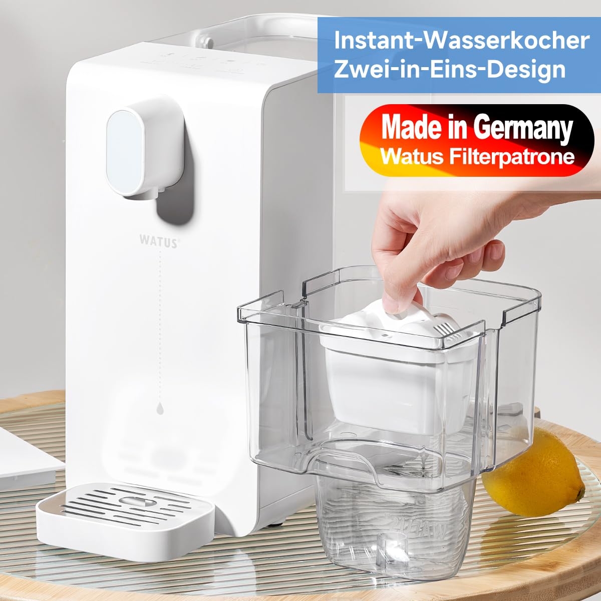 Watus Heißwasserspender, Instant-Wasserspender, Wasserspender mit Filterung und Heizung, Enthält 3 Filterpatronen. Filtern Sie Wasser, um Kalk, Chlor, Blei und Kupfer im Leitungswasser zu reduzieren
