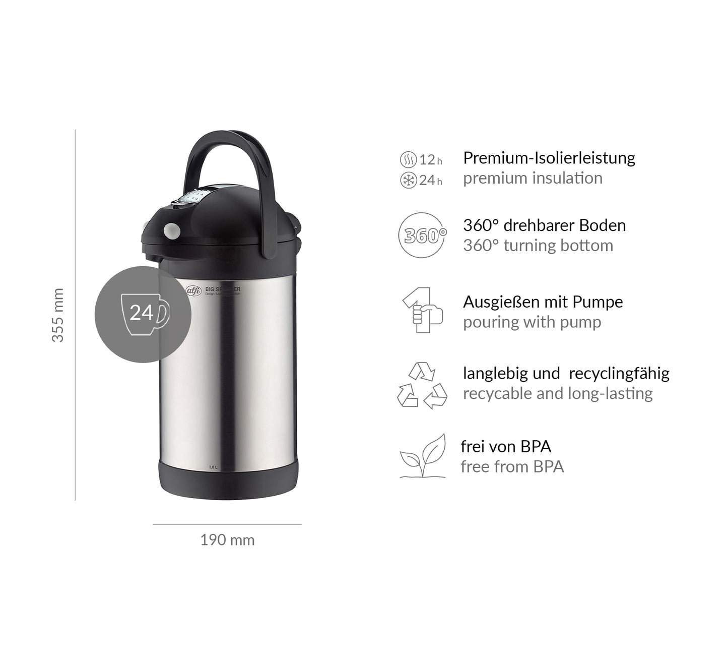 alfi Getränkespender BigSpender, Edelstahl mattiert 3,0 l