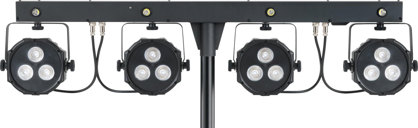 Showlite LB-4390 LED Licht Komplettanlage RGB, mit Wireless Fußschalter (Tri-LED PAR Spots, weiße Strobe-Spots, DMX512, Funk-Fußpedal, LCD-Display, Mikrofon, T-Bar, Stativ, Taschen)