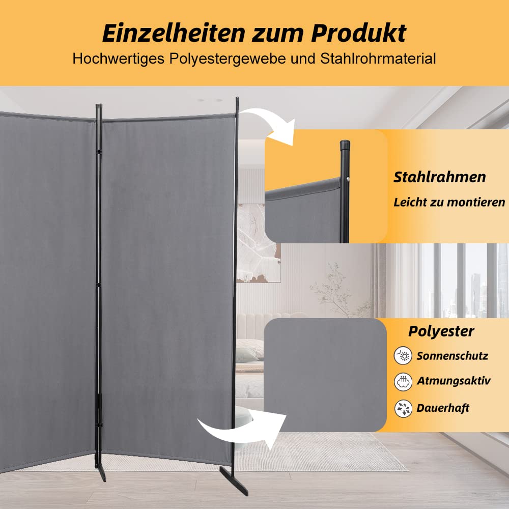 Mingone Raumteiler Trennwand Innen Garten Stellwand Spanische Wand Balkon Sichtschutz Paravent aus Stoff 3 teilig für Büros 260x180cm Groß, Anthrazit